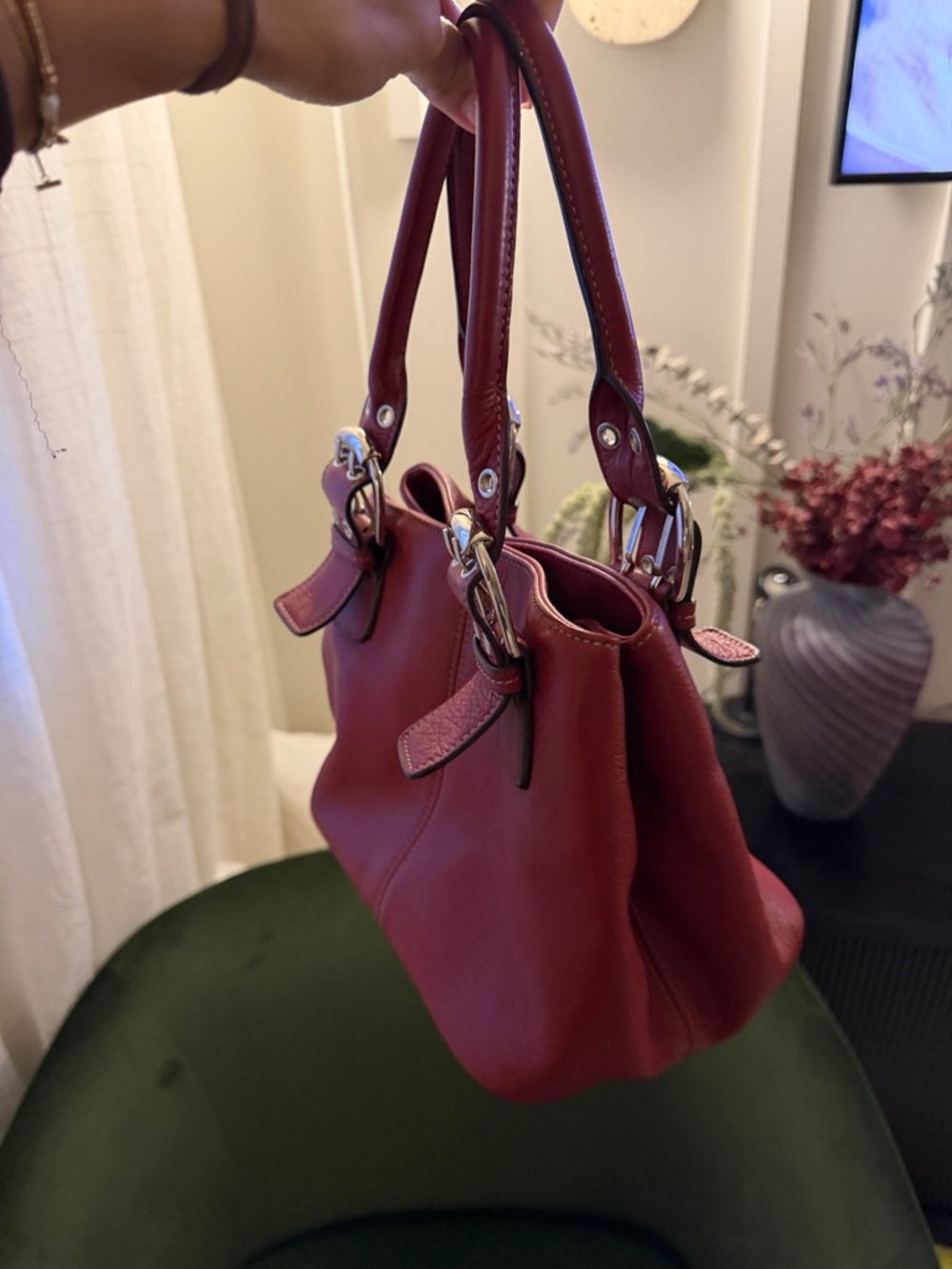Tignanello Red Pebbled Leather Shoulder Bag with Buckle Accents - Picture 7 of 8